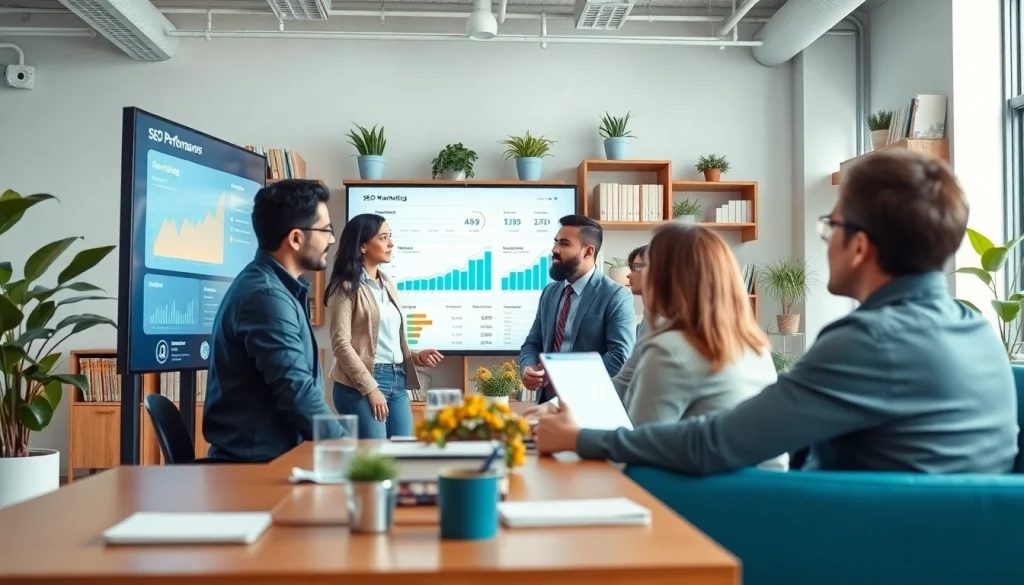 Analyzing SEO performance metrics with diverse marketers in a modern office environment.