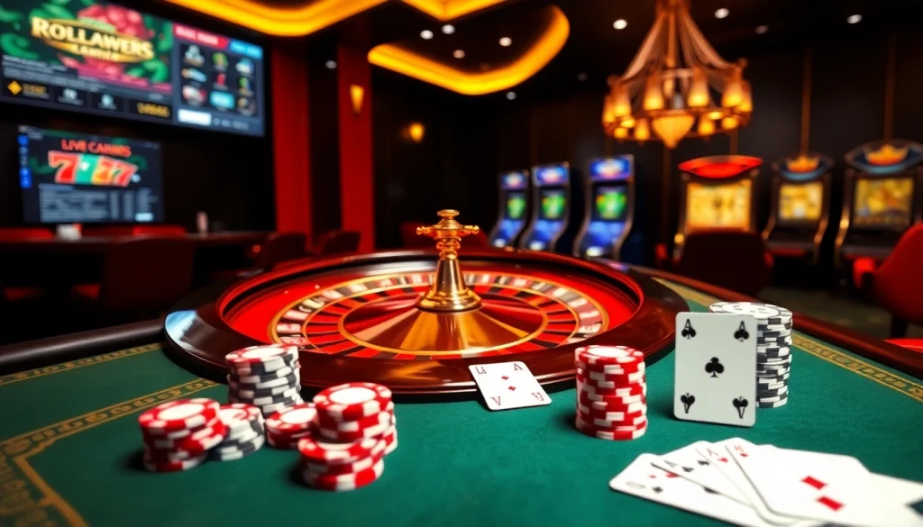 Scène engageante de casino en ligne français avec des jetons de poker, une roulette et des interfaces de jeux numériques.
