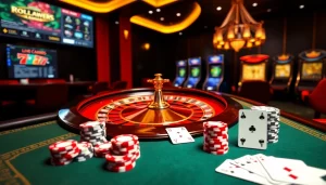 Scène engageante de casino en ligne français avec des jetons de poker, une roulette et des interfaces de jeux numériques.