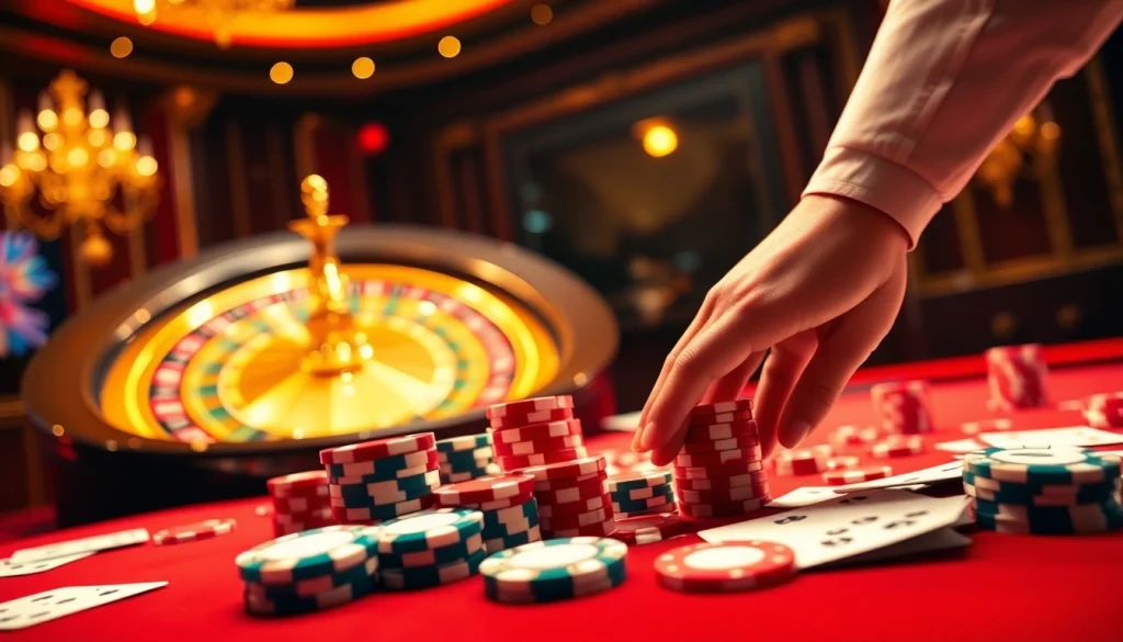 Scène captivante de casino en ligne Français avec des jetons de poker et des cartes, mettant en avant l'excitation des jeux d'argent en ligne.
