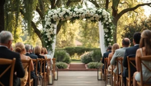 Beautiful outdoor wedding venues sacramento with floral arch and serene ambiance.