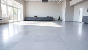 Showcasing stylish garage floors with polished designs and textures illuminated by natural light.