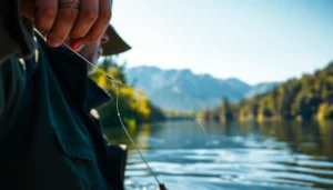 Angler casting a fly fishing tippet into serene waters surrounded by nature.