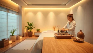 편안함과 치료를 위한 고요한 환경을 갖춘 마사지 치료실.