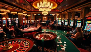 Cette scène de casino vibrante montre des joueurs engagés dans des jeux, soulignant l'excitation du casino en ligne France.