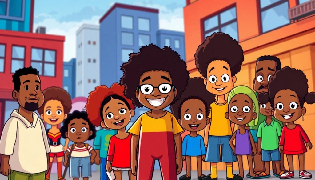 Colorful scene featuring diverse characters from African American Cartoons