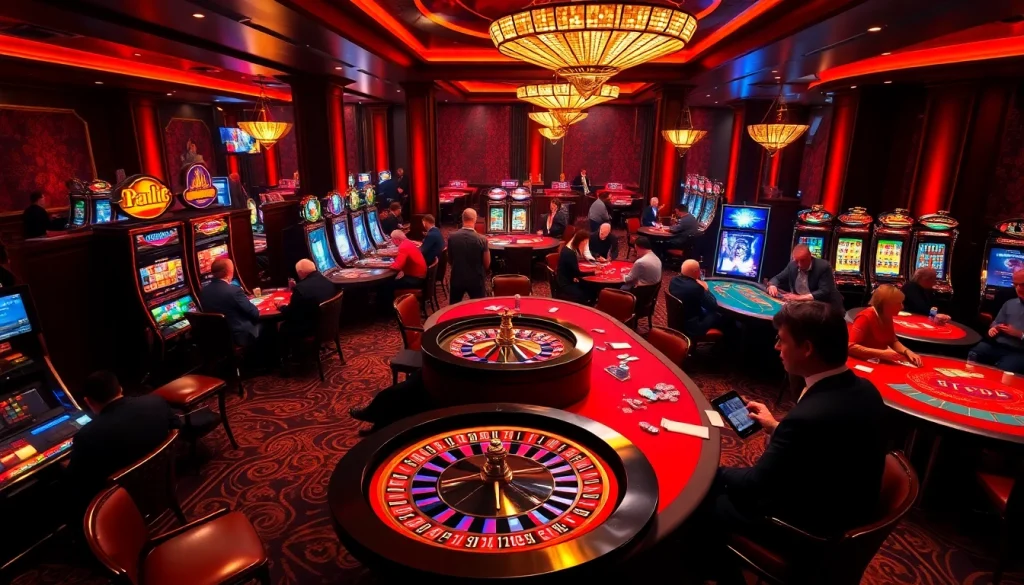 Vivez l'excitation du casino en ligne Français avec des joueurs entourés de jeux vibrants et d'une décoration luxueuse.