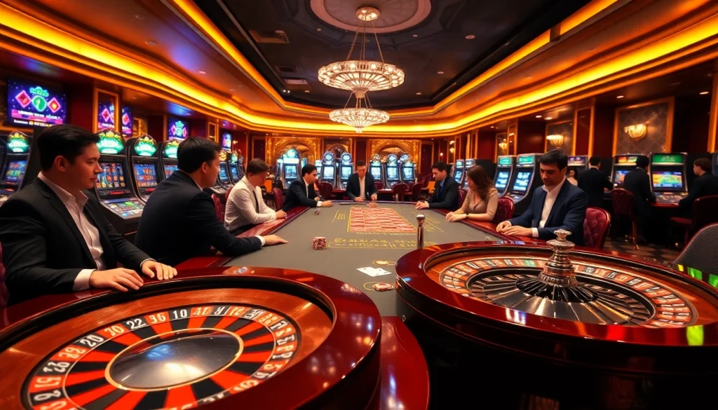 Scène de casino en ligne France montrant des joueurs engagés dans la roulette et le poker en direct.