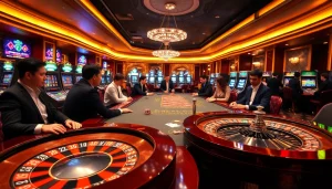 Scène de casino en ligne France montrant des joueurs engagés dans la roulette et le poker en direct.