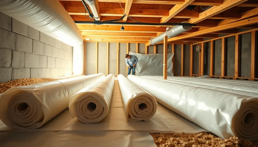 Vapor Barrier Installation being performed in a tidy crawl space with professional attention to detail.