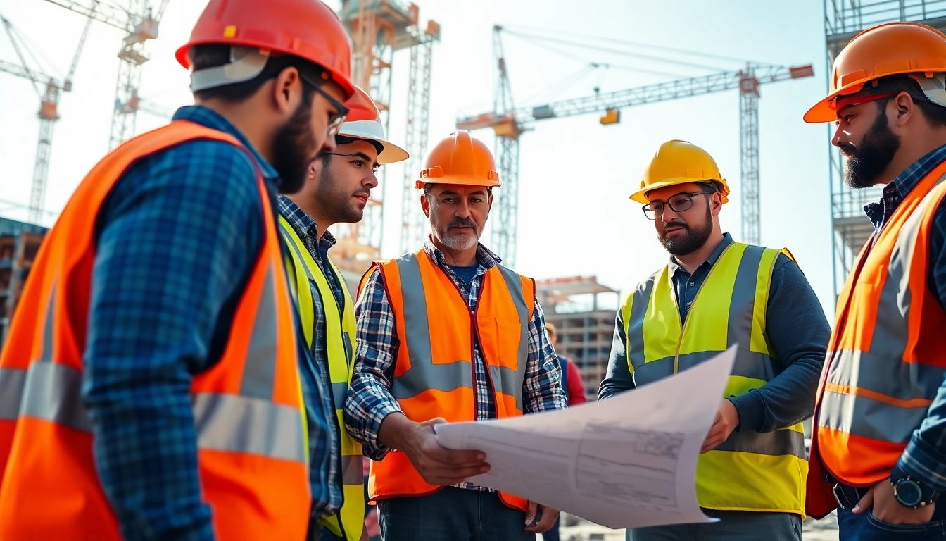 Construction member organization collaborating at a busy site with blueprints and cranes.