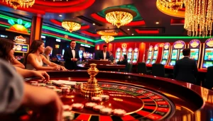 Une scène de casino captivante mettant en avant l'excitation du casino en ligne France avec de la roulette et des jetons colorés.