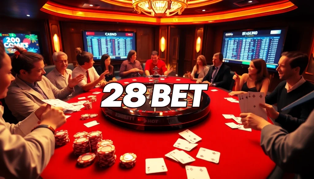 28BET casino scene with poker table, chips, cards, and roulette wheel for online betting excitement.