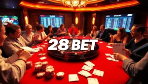 28BET casino scene with poker table, chips, cards, and roulette wheel for online betting excitement.