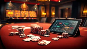 Découvrez l'excitation du casino en ligne Français avec des jetons de poker et des cartes luxueux sur une table vibrante.