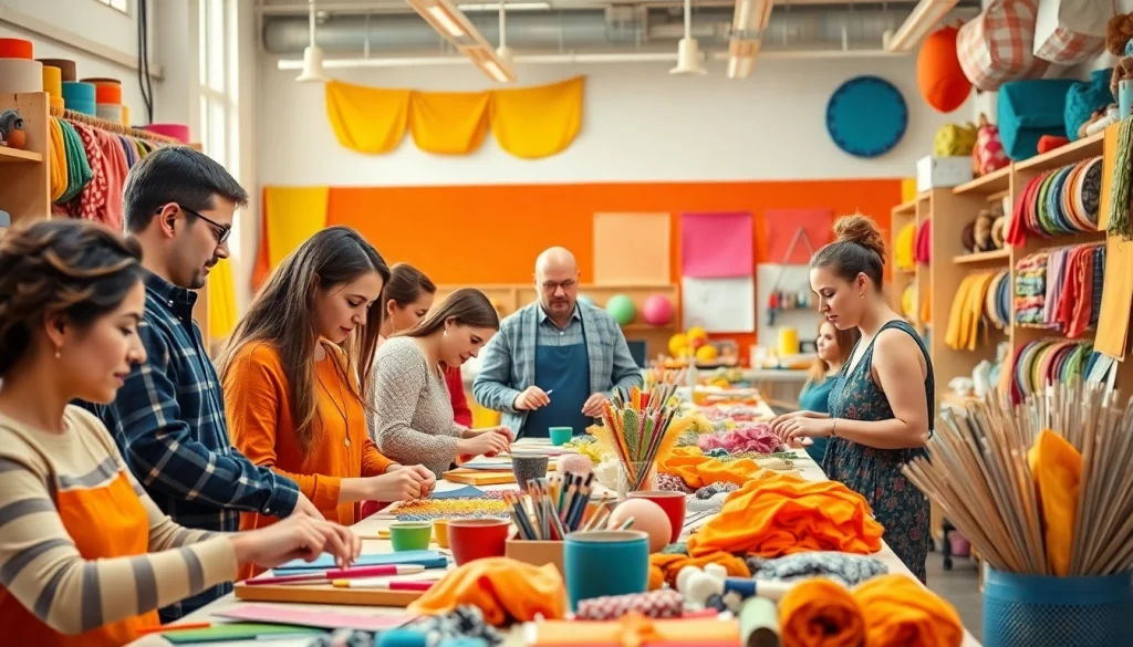 Students actively participating in craft training programs in a colorful workshop, enhancing their skills.