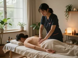 치료사가 필수품을 준비하는 편안한 집안 환경에서의 출장안마 치료 세션.