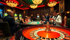 Joueurs engagés à une table de roulette de casino en ligne français luxueuse, montrant une action et une excitation vibrantes.