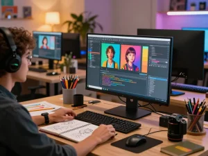 Digital artist generating AI prompts from images in a vibrant tech workspace.