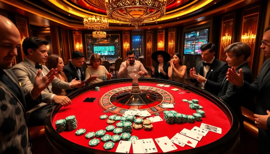 Découvrez le frisson du casino en ligne français avec un jeu de roulette palpitant rempli de jetons colorés et de joueurs.