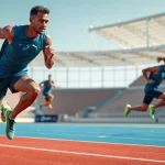 Phantom athletics athlete sprinting on track, showcasing focus and energy.
