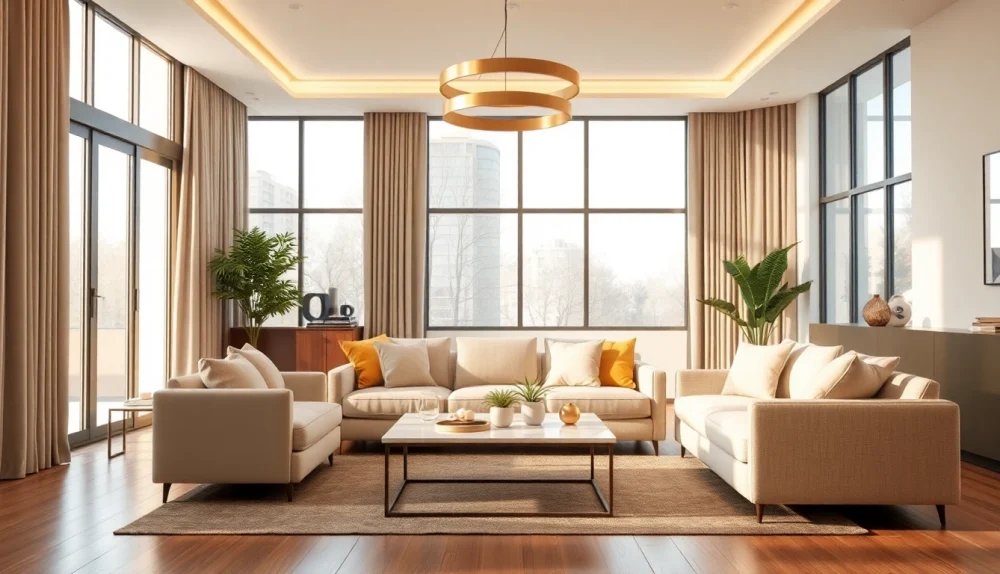 Sleek Illumination features enhance a modern living room with elegant lighting and design.