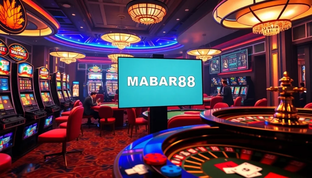 Tautan MABAR88 ditampilkan secara mencolok dalam adegan kasino online yang penuh warna dengan mesin slot dan meja poker.