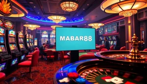 Tautan MABAR88 ditampilkan secara mencolok dalam adegan kasino online yang penuh warna dengan mesin slot dan meja poker.