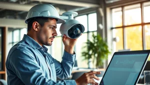 Técnico de seguridad profesional instalando una cámara para empresa de seguridad, mostrando tecnología avanzada.