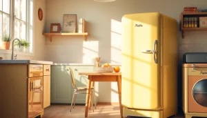Vibrant retro appliance setup with pastel colors creating a nostalgic kitchen atmosphere.
