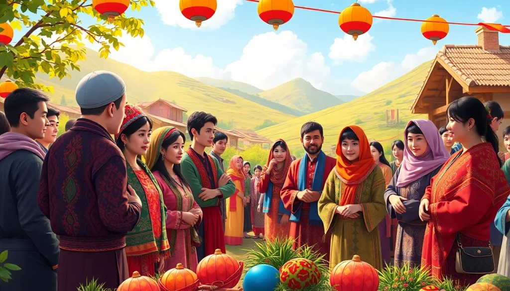 Uyghurs Community celebrating traditional culture in a vibrant village setting.