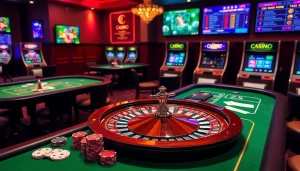 Découvrez l'excitation du casino en ligne français avec des tables luxueuses et des éléments de jeu vibrants.