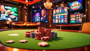 Vivez l’excitation du casino en ligne Français avec des jetons de poker et des cartes vibrants sur une table numérique de luxe.