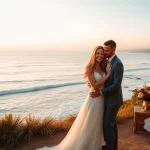 Carmel wedding photography capturing a joyful couple by the shore during golden hour.