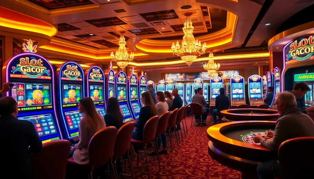 Players enjoying slot gacor machines at a luxurious casino, showcasing vibrant themes and engaging gameplay.