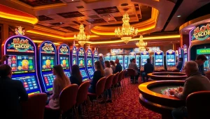 Players enjoying slot gacor machines at a luxurious casino, showcasing vibrant themes and engaging gameplay.