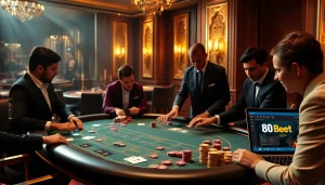 Gamblers at a high-stakes poker table featuring the 8kbet platform in a luxurious casino setting.