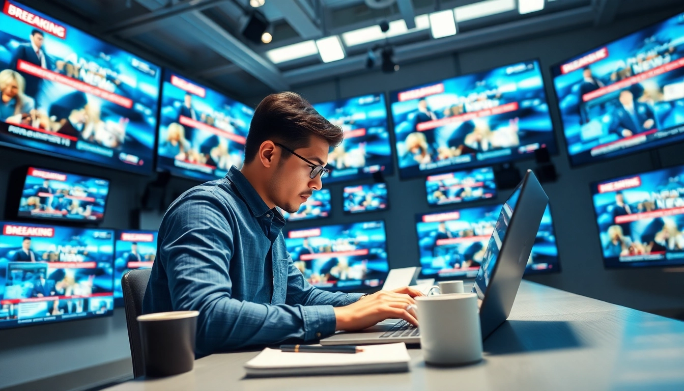 Delivering the latest news in a bustling newsroom environment with bright lighting.