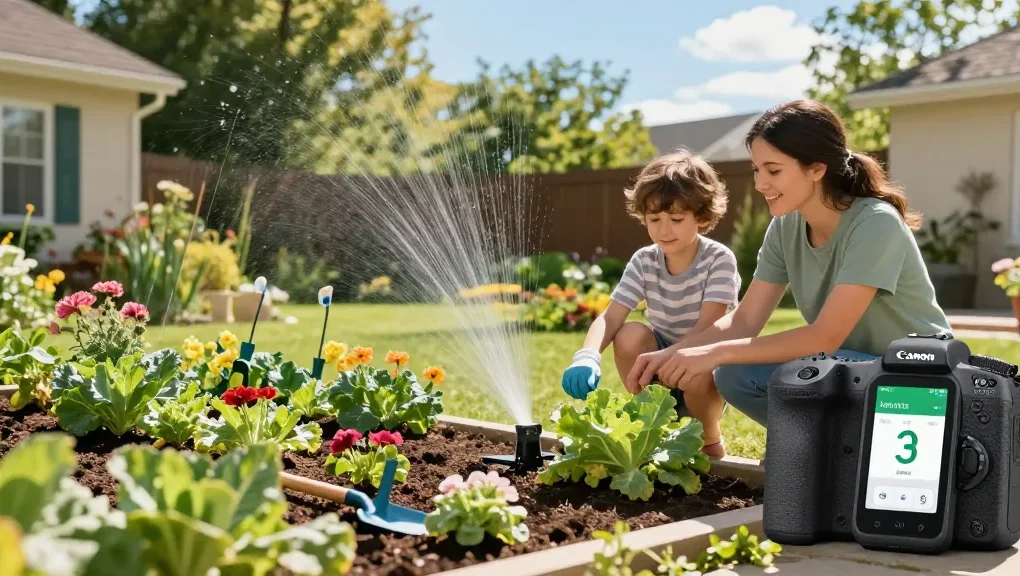 Family using rainpoint Irrigation Controllers for smart watering in their lush garden.