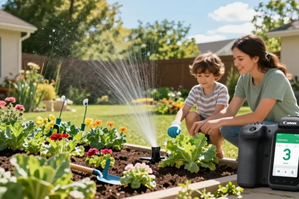 Family using rainpoint Irrigation Controllers for smart watering in their lush garden.